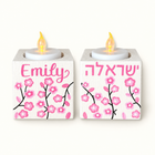 Custom Name Shabbat Candle Holder Set - Cherry Blossoms