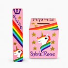 Custom Unicorn Rainbow Tzedakah Box & Mezuzah Set