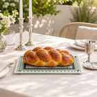 Shabbat Shalom Glass Challah Tray with Blue Floral Border