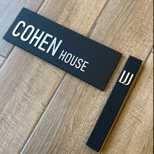 Handcrafted black concrete house entrance sign with silver lettering - HOUSE series  Door Sign + Mezuzah Case