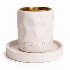 Geometric concrete Kiddush cup with delicate engraving in a stone tone | Soft Wave Model
