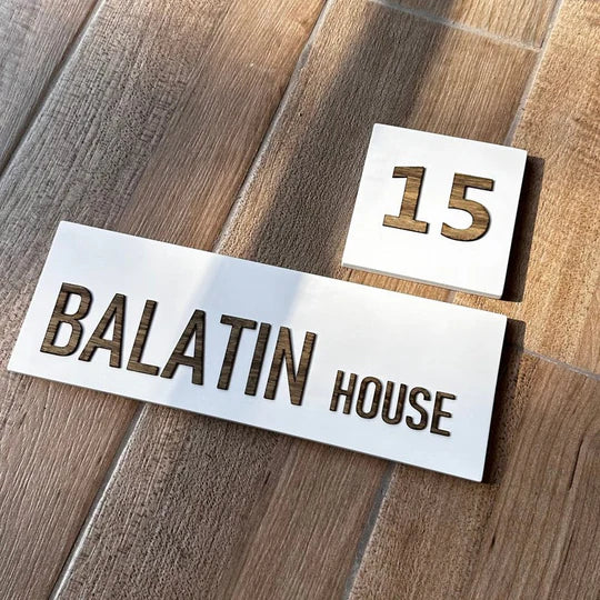 Handmade house sign made of clean white concrete with wooden lettering - HOUSE series (Copy)  Door Sign + Number Sign