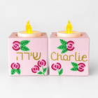 Custom Name Mini Shabbat Candle Holders Set - Pink Roses