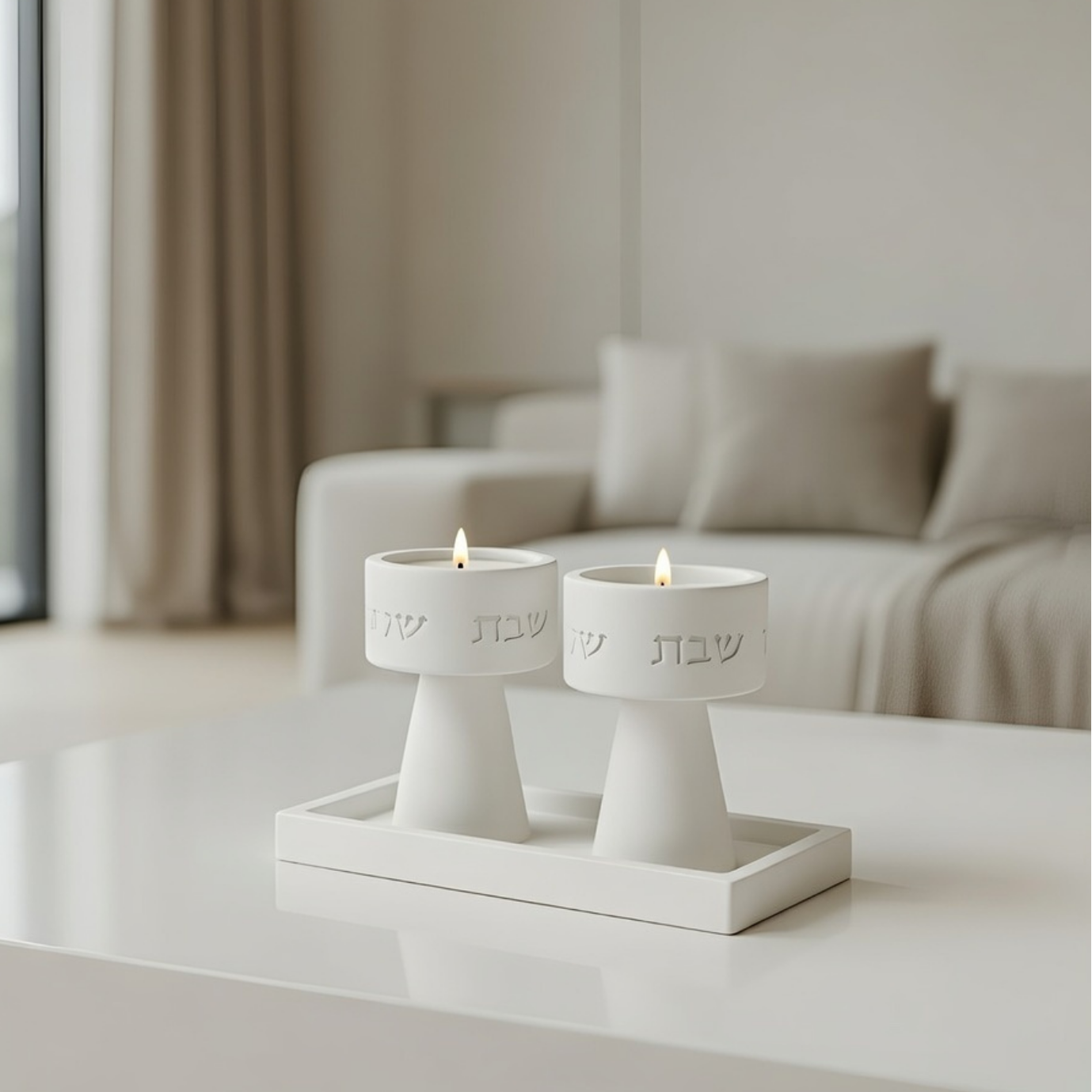 Classic Shabbat Candle Holder Set with Designer Concrete Tray – Timeless Glow Series
