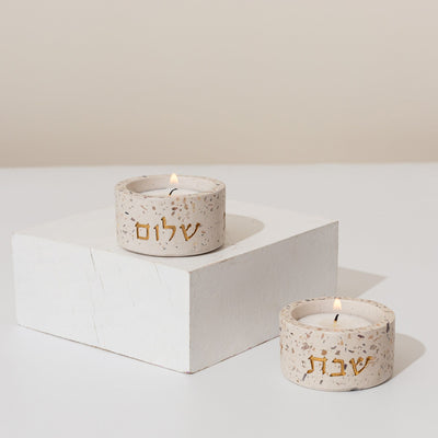 Shabbat Candlesticks Terrazzo Turquoise with Gold "Shabbat Shalom" - Terrazzo