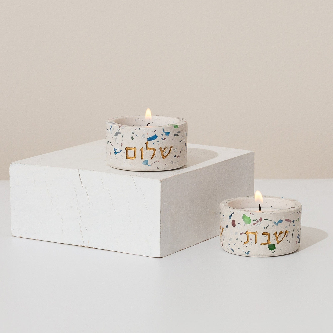Shabbat Candlesticks Terrazzo Stone with Gold "Shabbat Shalom" - Terrazzo