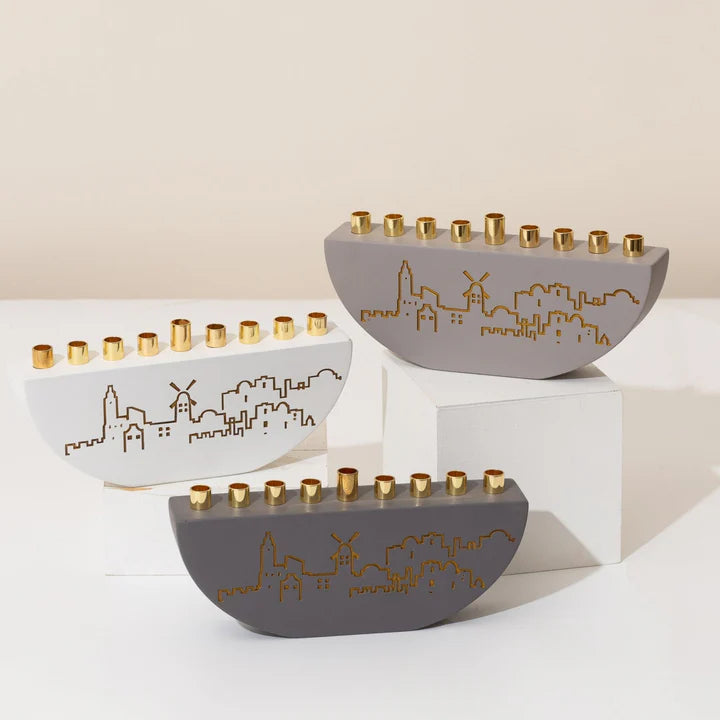 Chanukah menorah designed from real concrete with a Jerusalem backdrop - Jerusalem Outline L Series (Copy) 
