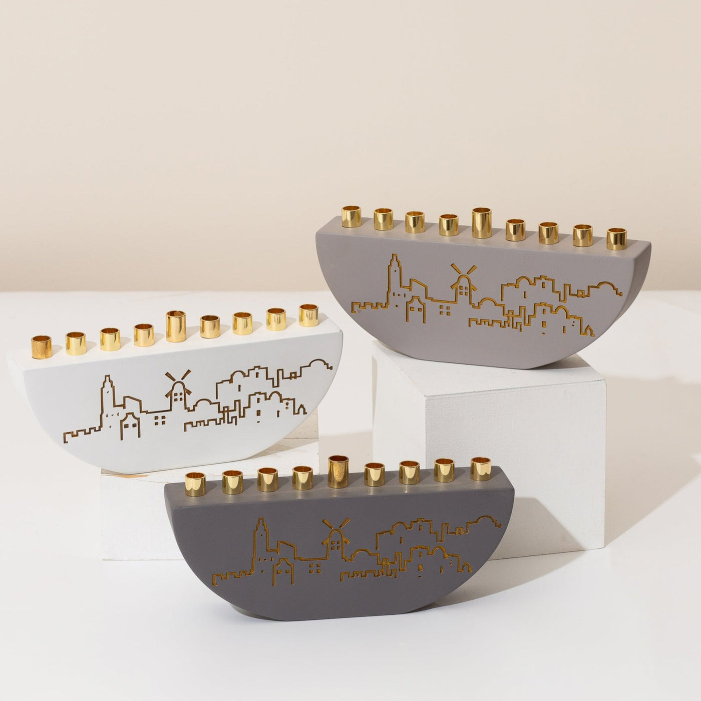Handmade Concrete Menorah – Jerusalem Outline L Series