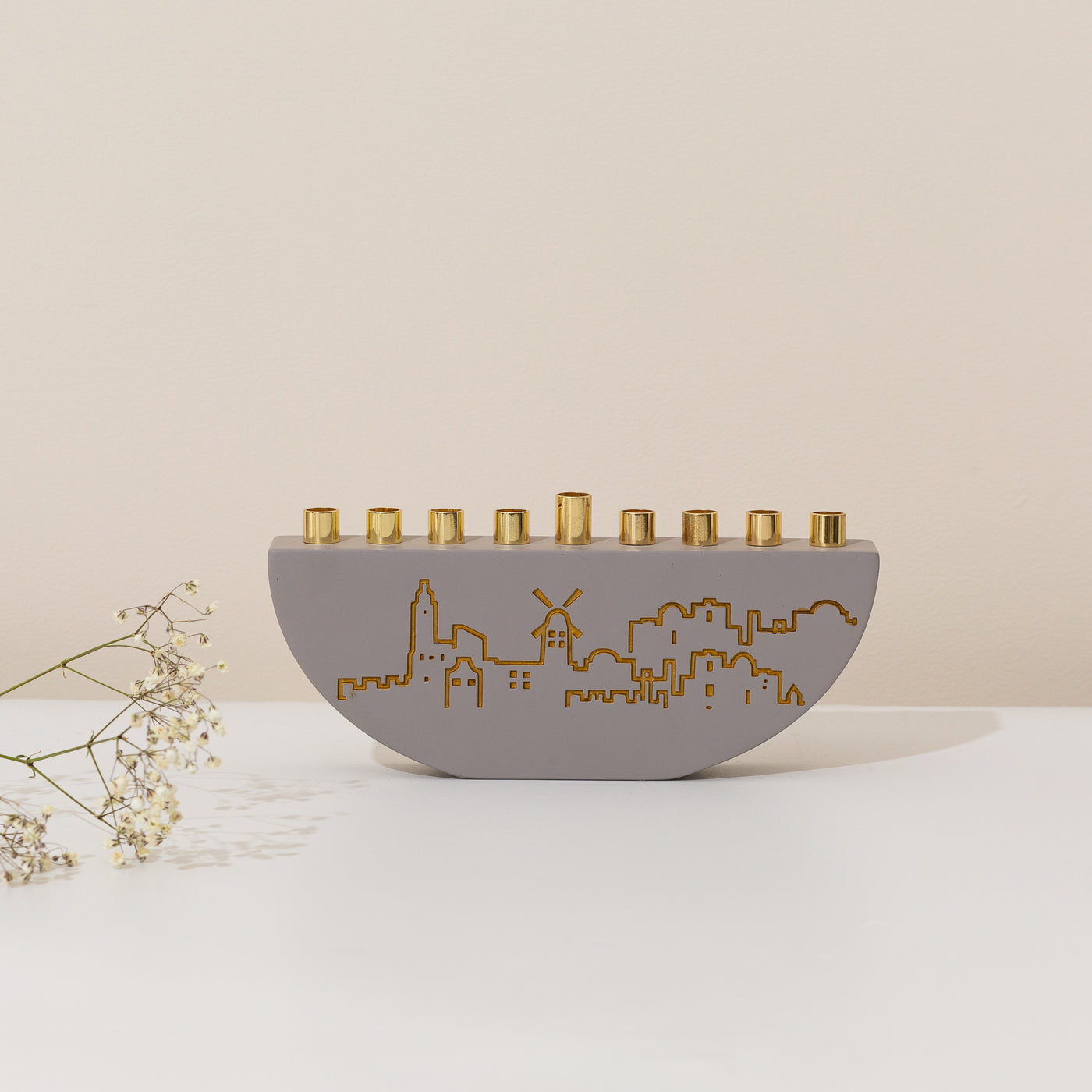 Concrete Hanukkah Menorah on Jerusalem Background - Jerusalem Outline-L