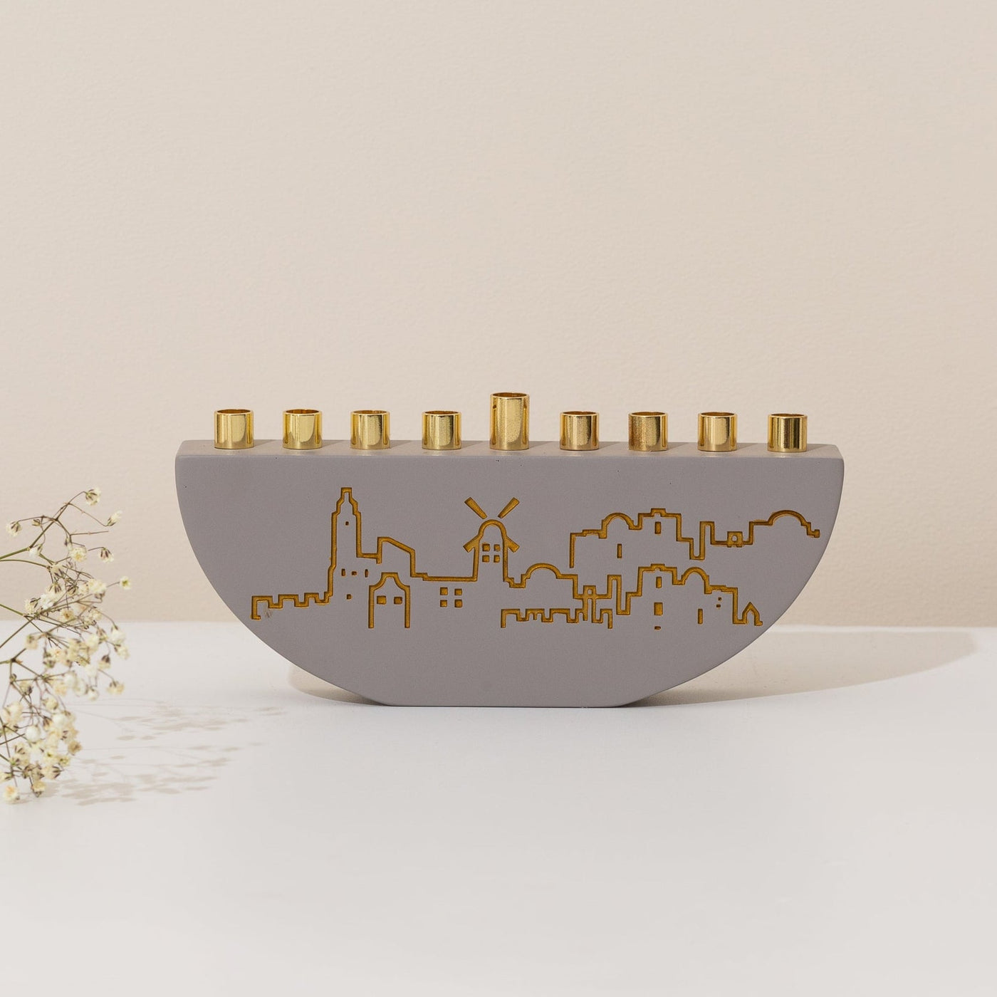 Handmade Concrete Menorah – Jerusalem Outline L Series