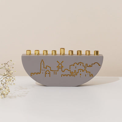 Handmade Concrete Menorah – Jerusalem Outline L Series