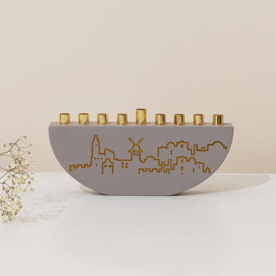 Chanukah menorah designed from real concrete with a Jerusalem backdrop - Jerusalem Outline L Series (Copy)  Light Gray