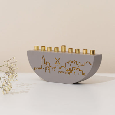 Handmade Concrete Menorah – Jerusalem Outline L Series