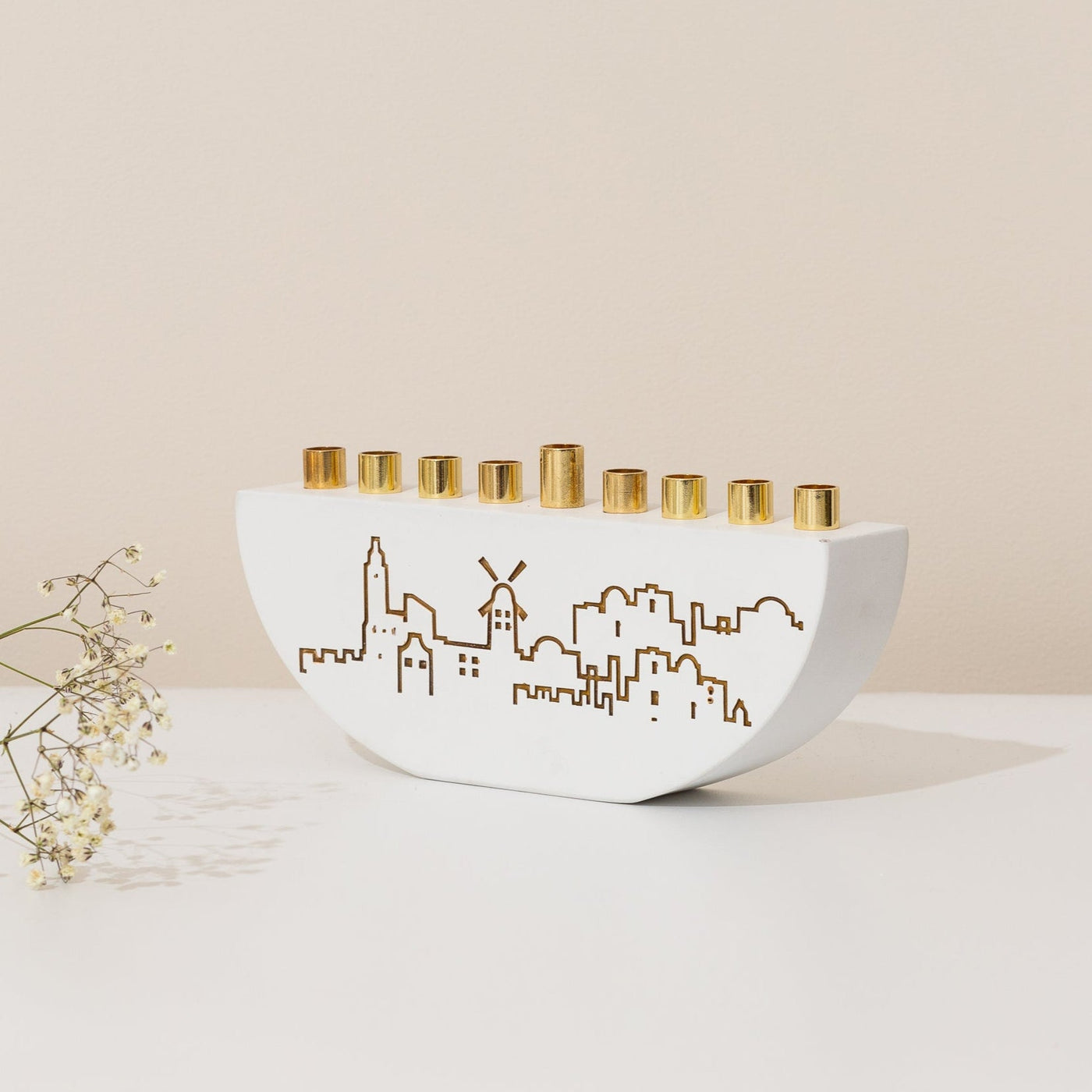 Handmade Concrete Menorah – Jerusalem Outline L Series