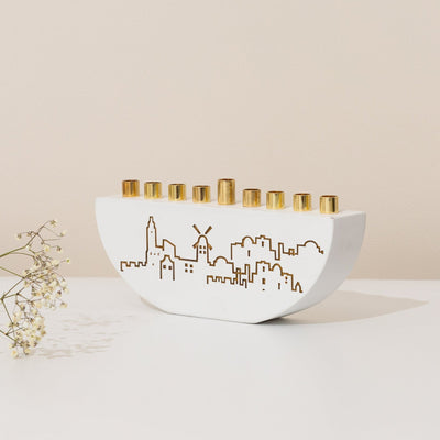 Handmade Concrete Menorah – Jerusalem Outline L Series