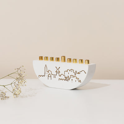 White Concrete Hanukkah Menorah - Jerusalem Outline-L