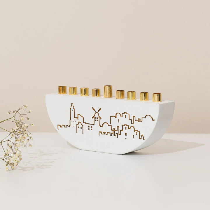 Chanukah menorah designed from real concrete with a Jerusalem backdrop - Jerusalem Outline L Series (Copy) 