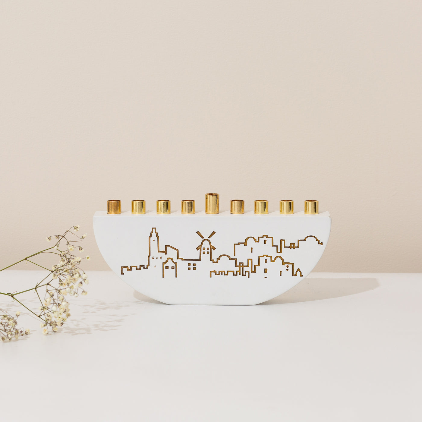 White Concrete Hanukkah Menorah - Jerusalem Outline-L