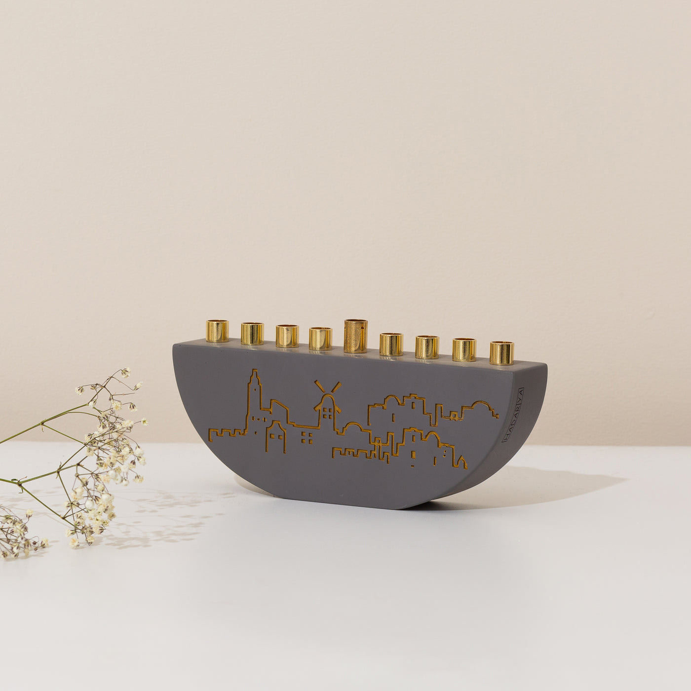 Concrete Hanukkah Menorah on Jerusalem Background - Jerusalem Outline-L