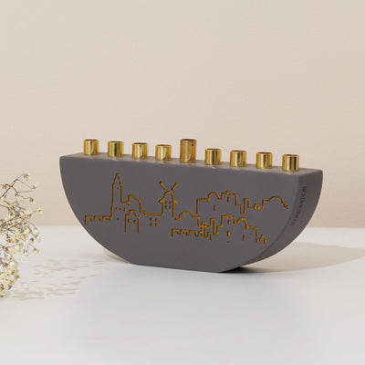 Handmade Concrete Menorah – Jerusalem Outline L Series