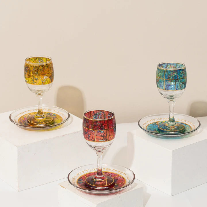 Glass Kiddush Cup with gold engraving in Chagall design, yellow color - Chagall Glass model (Copy)  Yellow