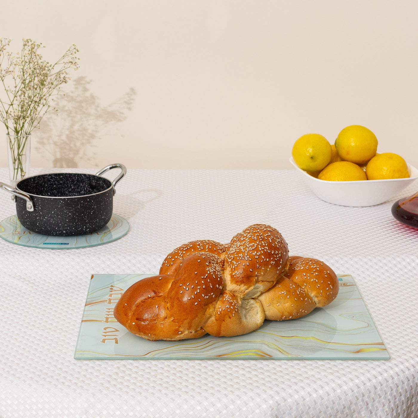 Glass Challah Tray - White & Gold