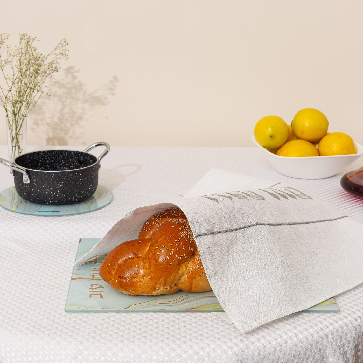 Glass Challah Tray - White & Gold