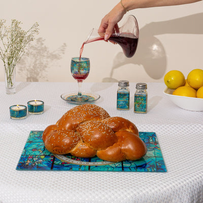 Unbreakable Glass Challah Tray in Turquoise - Chagall