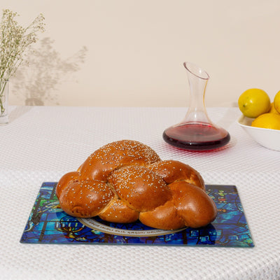 Unbreakable Glass Challah Tray in Turquoise - Chagall