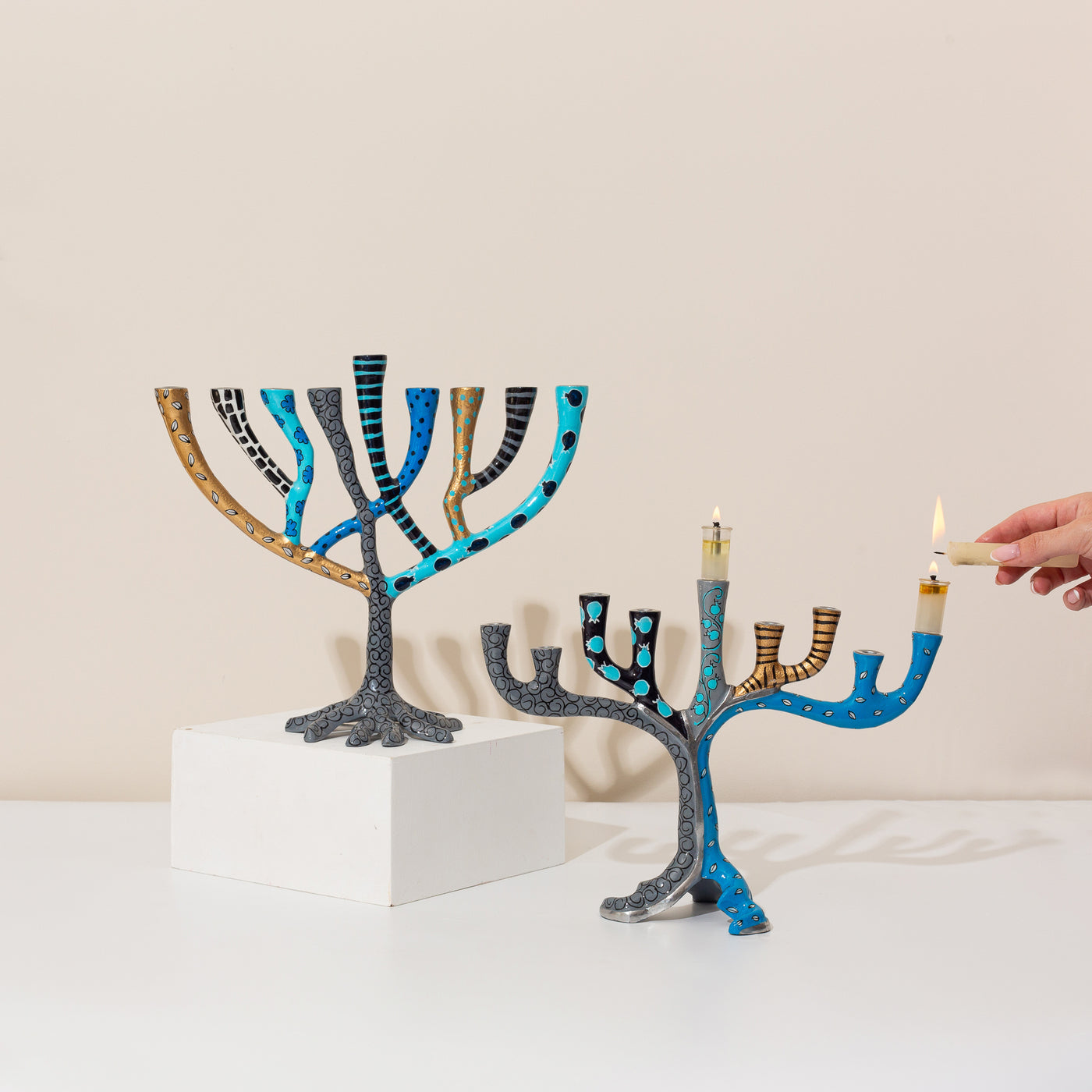 Luxurious Hand-Painted Oil Hanukkah Menorah - Safari