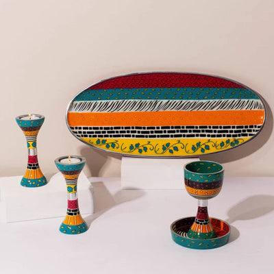 Serving tray with colorful striped design – uniquely handmade from cast aluminum – Ovela series 