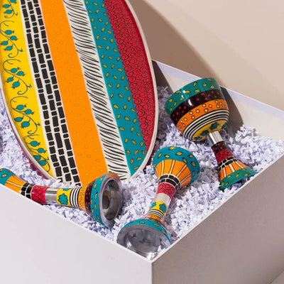 Decorative serving tray with colorful striped design – uniquely handmade from cast aluminum – Ovela series 