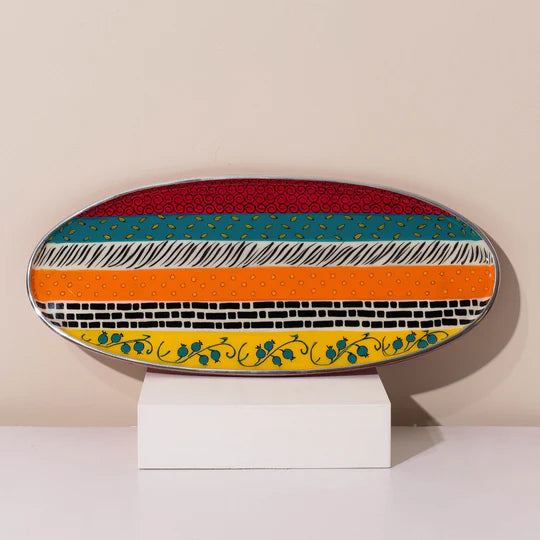 Decorative serving tray with colorful striped design – uniquely handmade from cast aluminum – Ovela series 