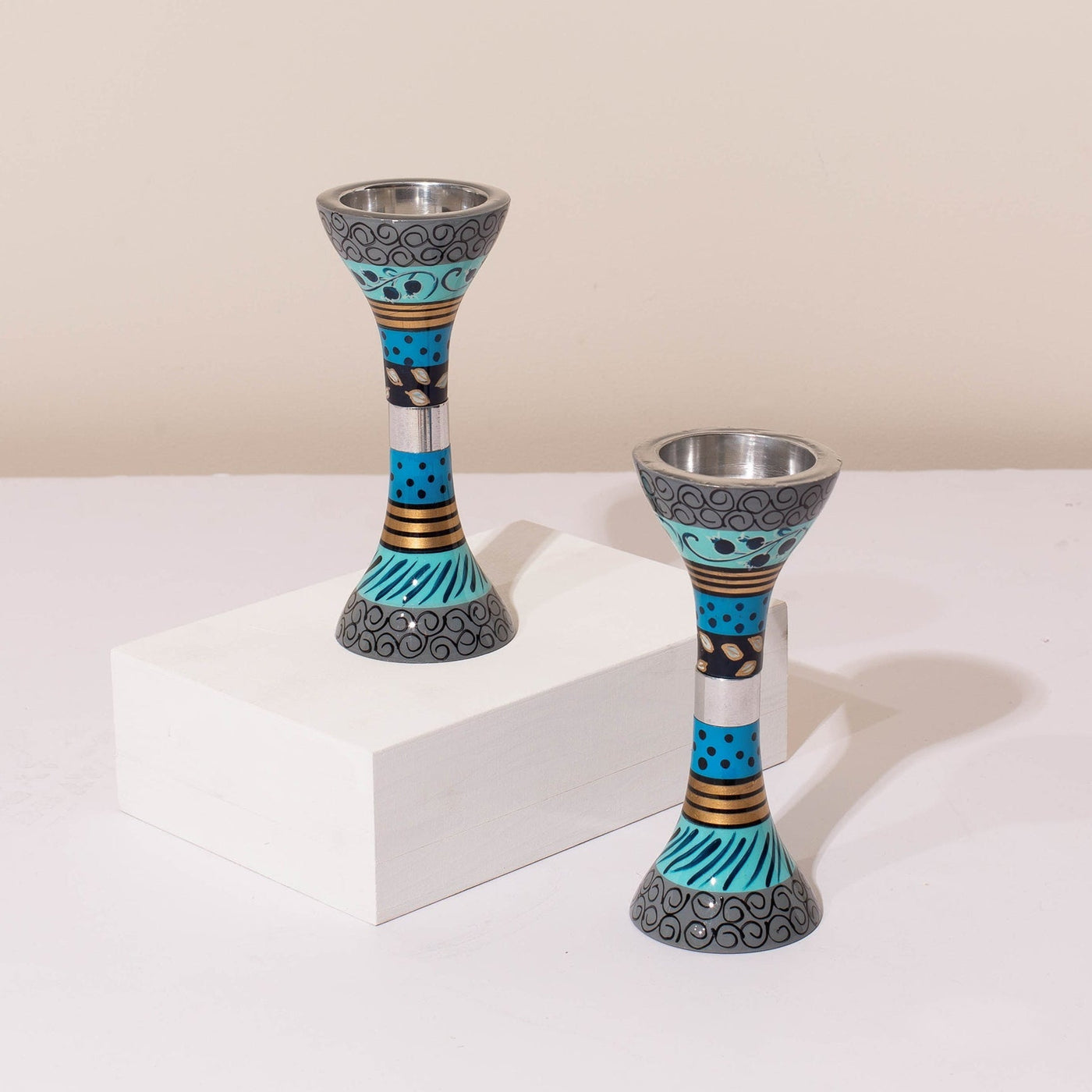 Shabbat Candle Holders – Handmade Aluminum Design for Shabbat – Premium Short Series  Blue