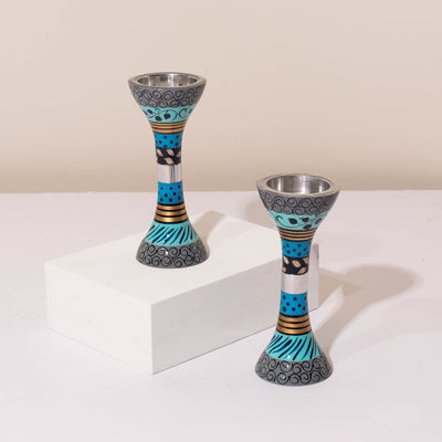 Shabbat Candle Holders – Handmade Aluminum Design for Shabbat – Premium Short Series  Blue