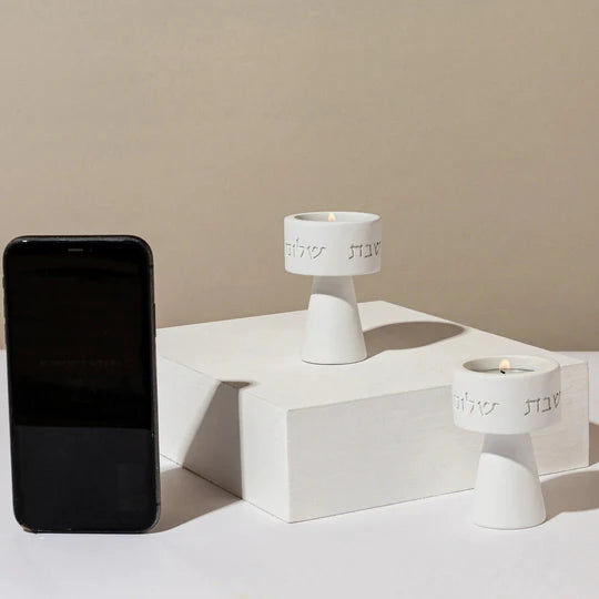 Set of modern white concrete Shabbat Candleholders – Solura series 