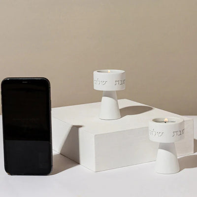 Set of modern white concrete Shabbat Candleholders – Solura series 