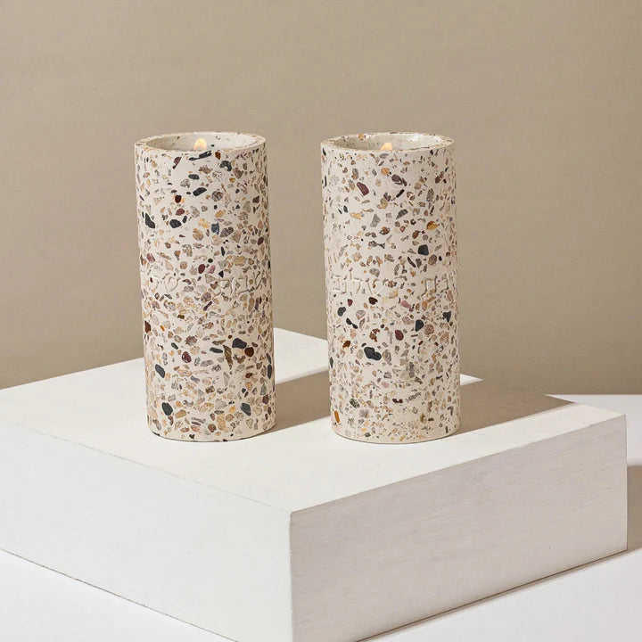 Candleholder designed for Shabbat made of rich terrazzo in luxurious colors, with "Shabbat Shalom" engraving - Terrazzo 
