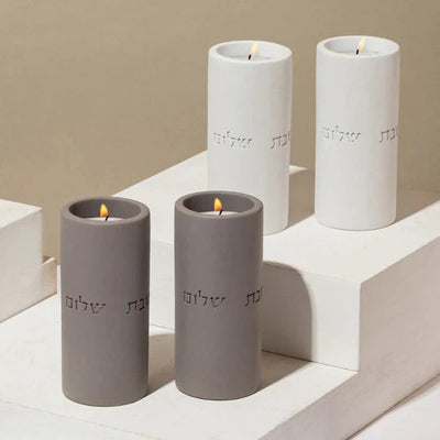 Shabbat candlestick set with a designed concrete tray and a candle lighting blessing engraved in concrete - Shabbat Loft Series (Copy) 