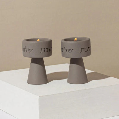 Modern candlesticks, natural concrete Kiddush cup, challah tray and challah cover - Shabbat Harmony Series (Copy) 