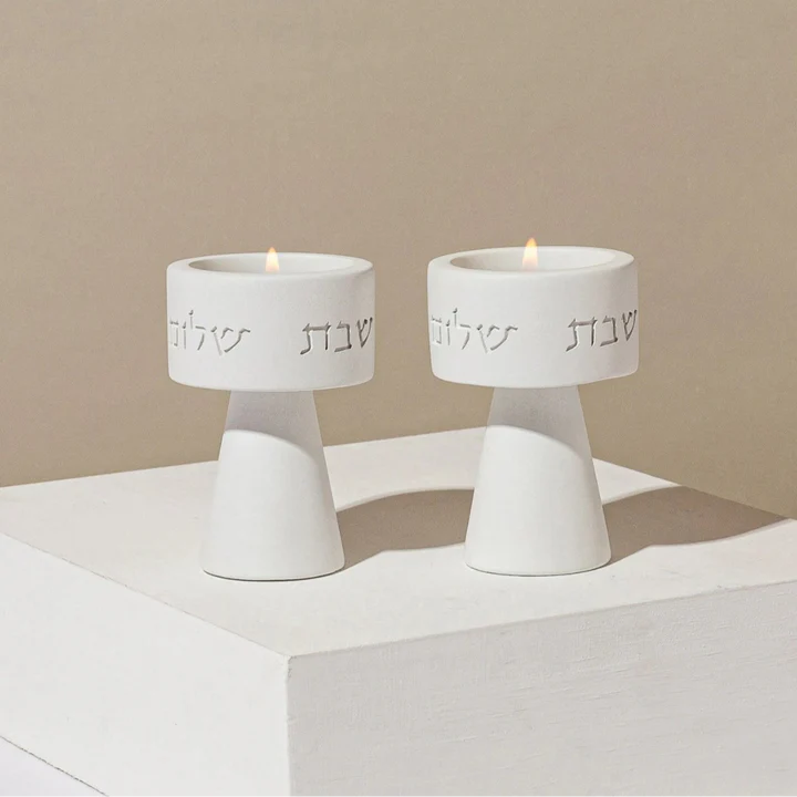Luxurious Shabbat gift set – a pair of tall candle holders with a house blessing and a Blessed Light designed kiddush cup 