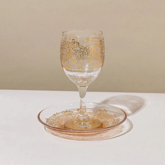 Luxurious glass Kiddush cup with Jerusalem as a backdrop - Glass & Gold model (Copy)  Gold