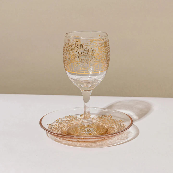 Luxurious glass Kiddush cup with Jerusalem - Glass & Gold model 