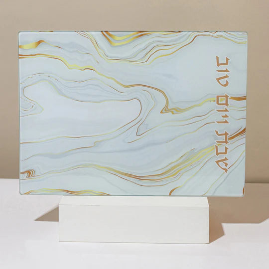 Unbreakable glass Shabbat challah tray in a golden marble design - Marble Gold Series 