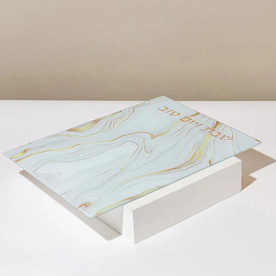 Unbreakable glass Shabbat challah tray in a golden marble design - Marble Gold Series 