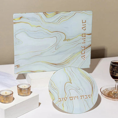 Unbreakable glass Shabbat challah tray in a golden marble design - Marble Gold Series 