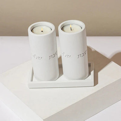 Set of terrazzo candlesticks for Shabbat with matching tray - Stone Glow Series 