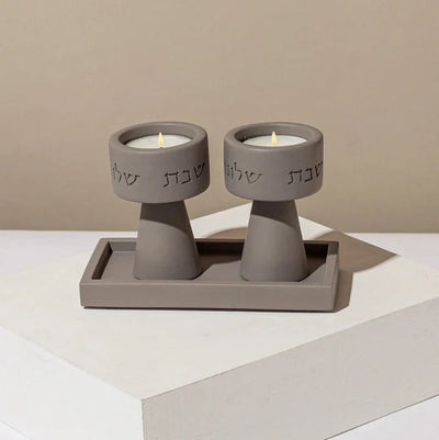 Classic set of Shabbat candlesticks and a designed concrete tray - Timeless Glow Series  Gray