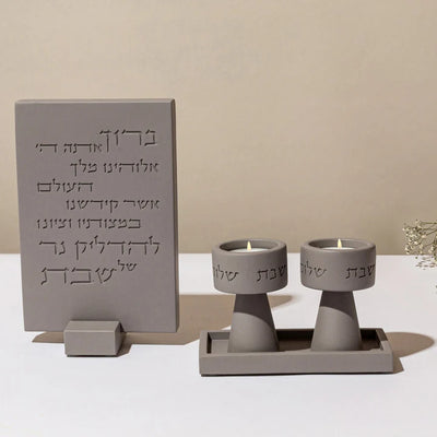 Set of Shabbat candleholder with a designed concrete tray and candle lighting blessing - City Lights Series (Copy)  Gray