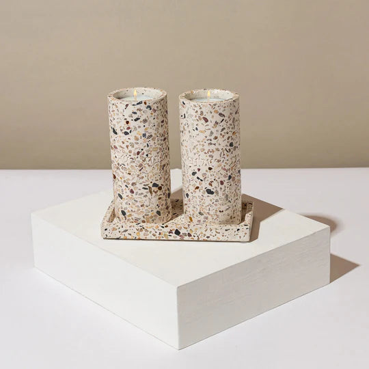 Set of terrazzo candlesticks for Shabbat with matching tray - Stone Glow Series 
